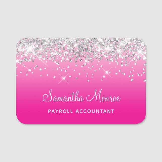 Etiqueta De Nome Silver Glitter Light and Hot Pink Ombre (Frente)