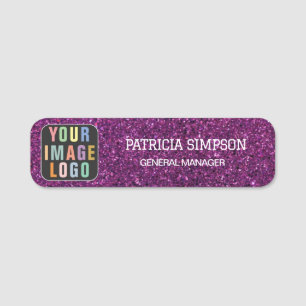 Etiqueta De Nome Sparkle Roxo Glitter: Adicione Seu Logotipo, Nome,