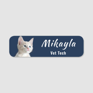 Etiqueta De Nome Tecnologia Vet do Gatinho Branco bonito  