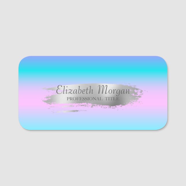 Etiqueta De Nome Traço de Pincel Silver Elegante,Ombre Holographic (Frente)