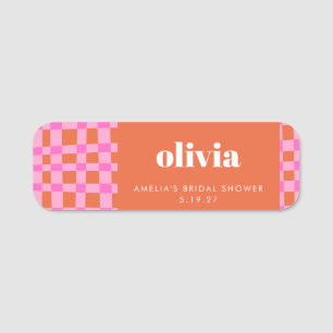Etiqueta De Nome Verificador Abstrato Rosa Laranja Chuveiro de Noiv