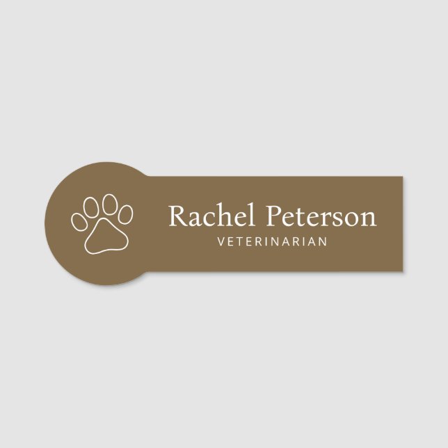 Etiqueta De Nome Veterinária Impressa Mínima Moderna da Pata Marrom (Frente)