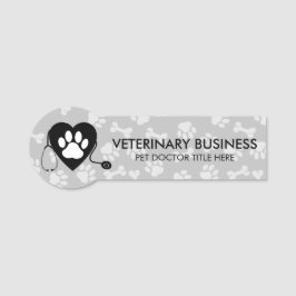 Etiqueta De Nome Veterinário Cinza Branco Estetoscópio Coração Pata