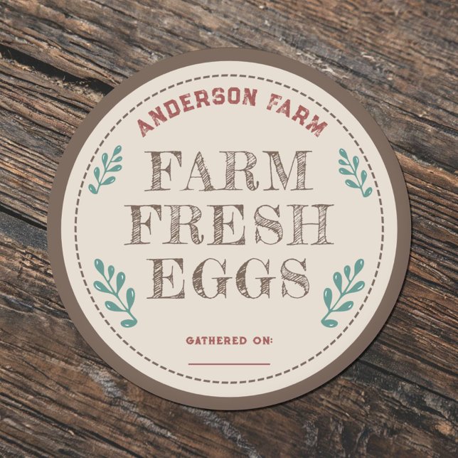 Etiqueta de Ovos Frescos de Fazenda Rústica com Fo (Rustic Farm Fresh Eggs Label Sticker with Leaves)