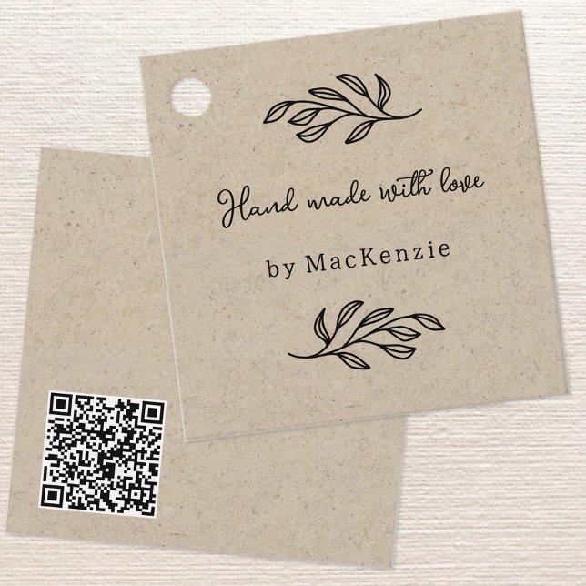 Etiqueta de Preço com Código QR Marrom Feita à Mão (Hand Made with Love custom name botanical line art QR code small business maker price hang tag)