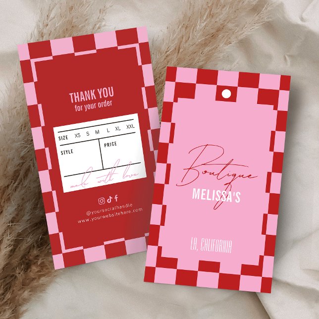 Etiqueta de Preço de Roupas Rosa Boutique Retro Mo (trendy red and pink boutique clothing hang tags with groovy checkered background design)