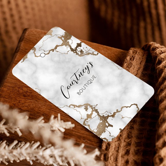 Etiqueta de preço de travamento de tecido Dourado  (Elegant black marble and faux gold product hang tags with price and size table on the back)