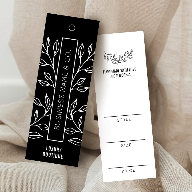 Etiqueta de preço de venda de roupas planas a pret (Modern black floral thin clothing labels with your custom brand name & garment info)