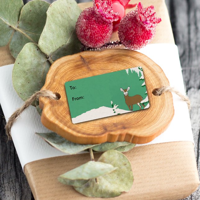 Etiqueta de Presente da Cena de Inverno de Deer Sn (Gift tag label / sticker with brown female doe deer in snow on mint green.)