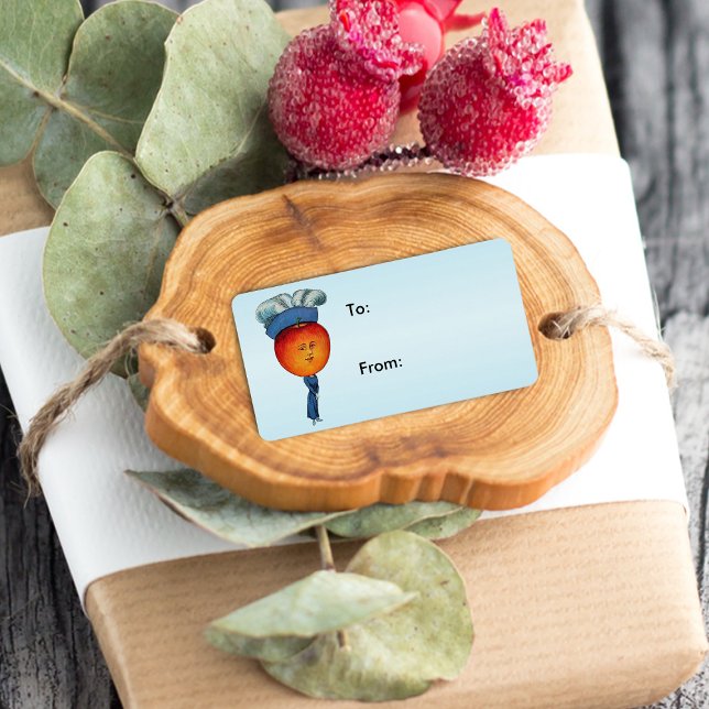 Etiqueta de Presente da Senhora de Pena de Cabeça  (Anthropomorphic lady with red apple head face fancy feathered hat on gift tag label / sticker.)