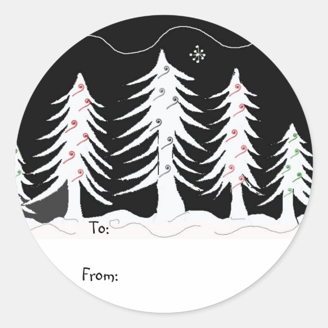 Etiqueta de Presente de Árvores de Natal em Preto  (Frente)