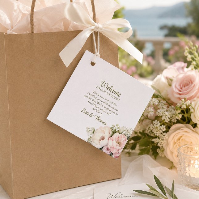 Etiqueta de Presente de Boas-Vindas para Casamento (Blush & Ivory Peony Wedding Welcome Gift Tag)