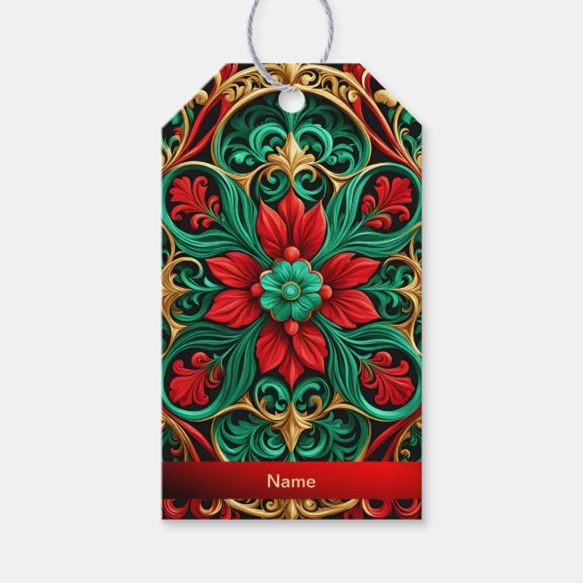 Etiqueta de presente de feriado verde decorativo (Frente)