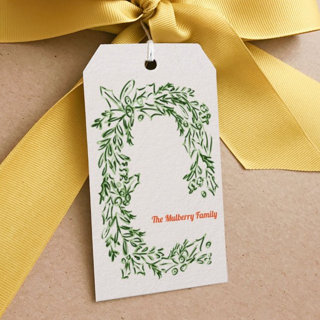Etiqueta de Presente de Ferro de Natal Verde (Watercolor Christmas wreath personalized family name gift tags.)