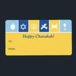 Etiqueta de Presente de Ícones Simples de Hanukkah<br><div class="desc">Esta etiqueta de endereço usa os ícones de Chanucá para transmitir desejos calorosos. As cores azul brilhante e dourada rodeiam ícones de um sonho, menorah e xícara de rins. Simplesmente personalize com uma mensagem e adicione a quem o presente é e de quem ele é. Disponível em cores alternativas com...</div>