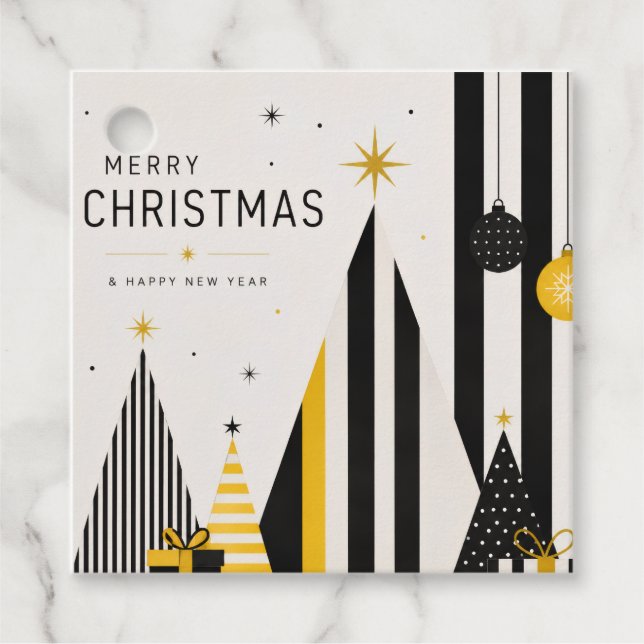 Etiqueta De Presente De Natal Amarela Preta E Bran (Frente)
