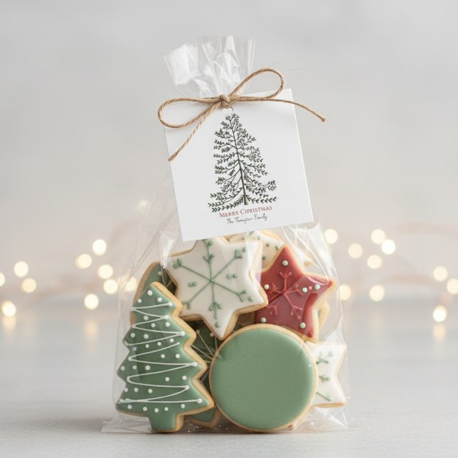 Etiqueta de Presente de Natal Branco Festivo Árvor (Modern Christmas Gift Tag with Simple Tree and Star. Red Merry Christmas and Green Minimal Xmas Tree)