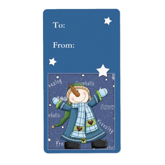 Etiqueta de presente de Natal com boneco de neve e (Frente)