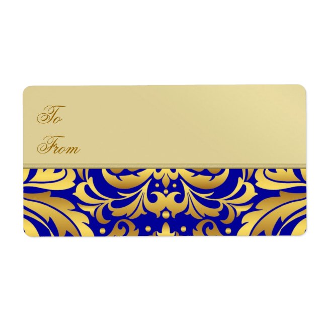 Etiqueta de presente de Natal Dourada Azul Damasco (Frente)