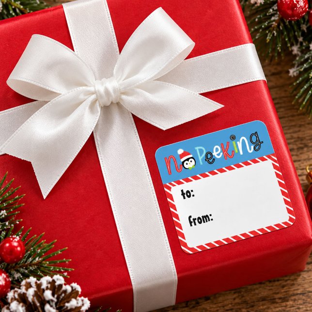 Etiqueta de Presente de Natal Infantil Divertida e (A cute whimsical  to/from Christmas gift wrap sticker with the words "No Peeking")