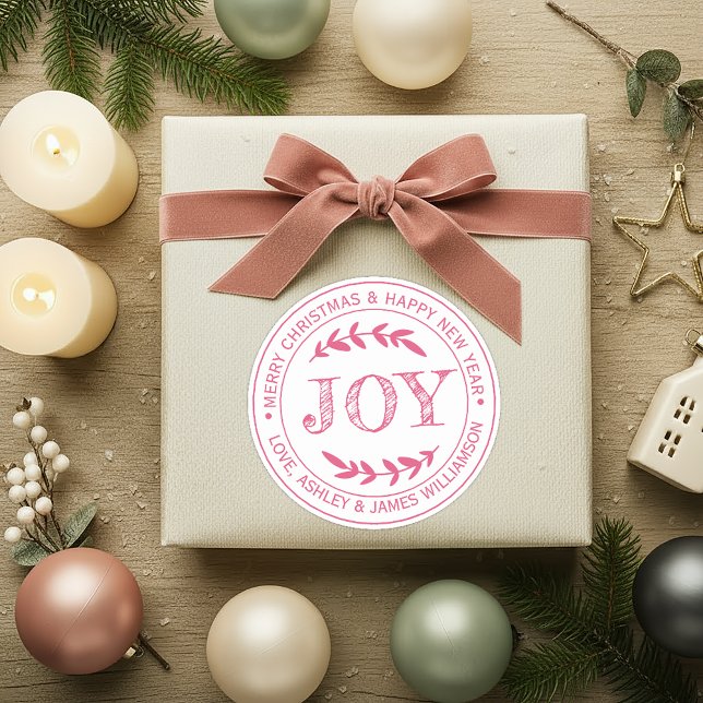 Etiqueta de presente de Natal JOY Rosa Mensagem (Criador carregado)