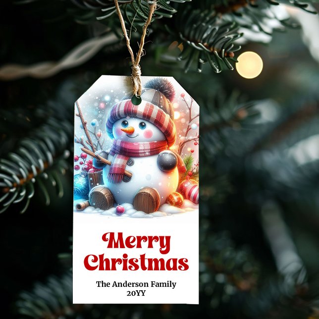 Etiqueta de Presente de Natal para Crianças de Bon (Cozy Cute Snowman Kids Christmas Gift Tag Editable Fun)