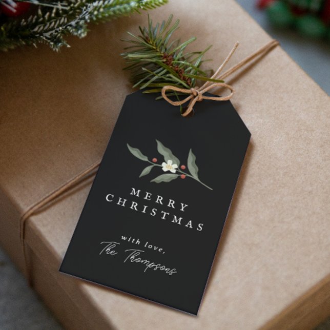 Etiqueta de Presente de Natal Preto Floral Desenha (Hand Drawn Floral Black Christmas Gift Tag)