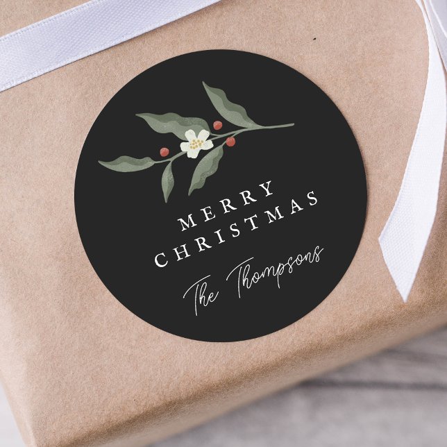 Etiqueta de Presente de Natal Preto Floral Desenha (Hand Drawn Floral Black Christmas Gift Tag)