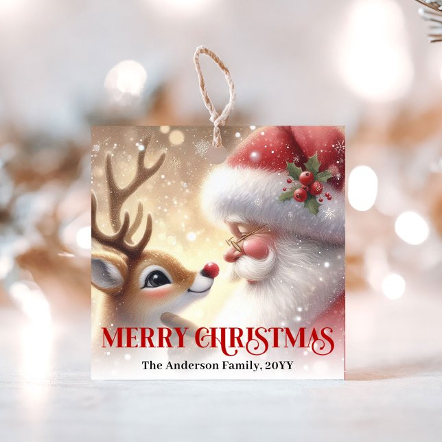 Etiqueta de presente de Natal Santa Cute aquarela (Watercolor Rudolph Santa Cute Christmas Gift Tag)
