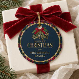 Etiqueta de Presente de Natal Xadrez Azul com Laço