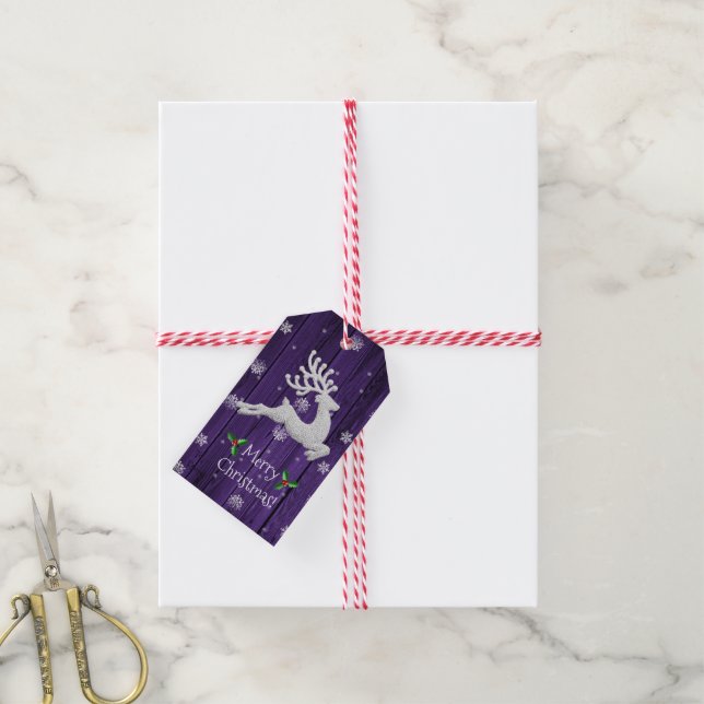 Etiqueta de Presente de Reinador de Natal Roxo (Com cordão)