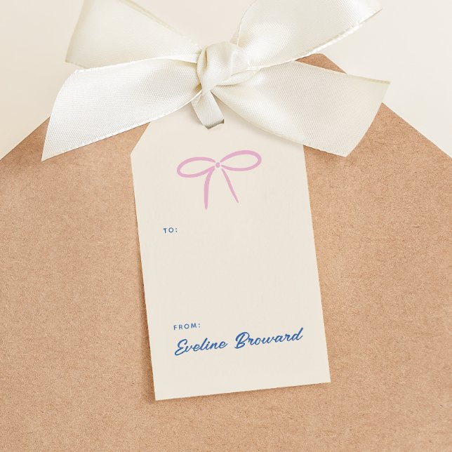 Etiqueta de presente do Vazio simples rosa (everyday gifts tag featuring a simple pink bow and soft blue personalized text with a pattern)
