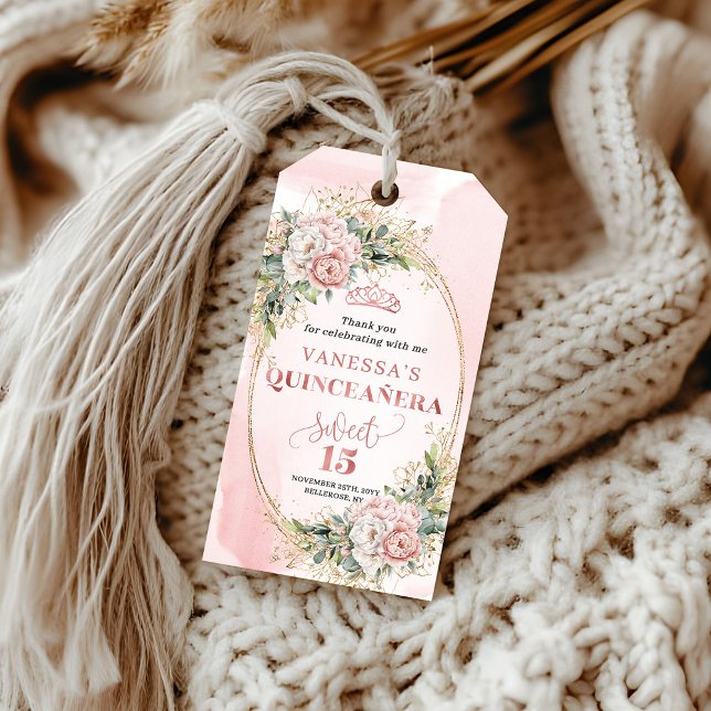 Etiqueta de Presente para Celebração Mis Quince Bo (Mis Quince Boho Celebration Gift Tag Blush Pink Floral)