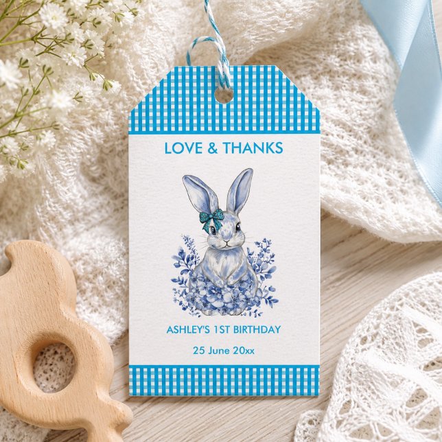 Etiqueta de presente para festa de 1º aniversário  (Blue Floral Rabbit 1st Birthday Party Gift Tag)