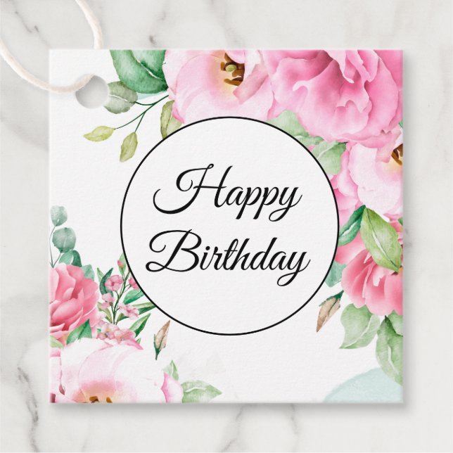 Etiqueta de Presente Rosa Floral Aniversário (Frente)