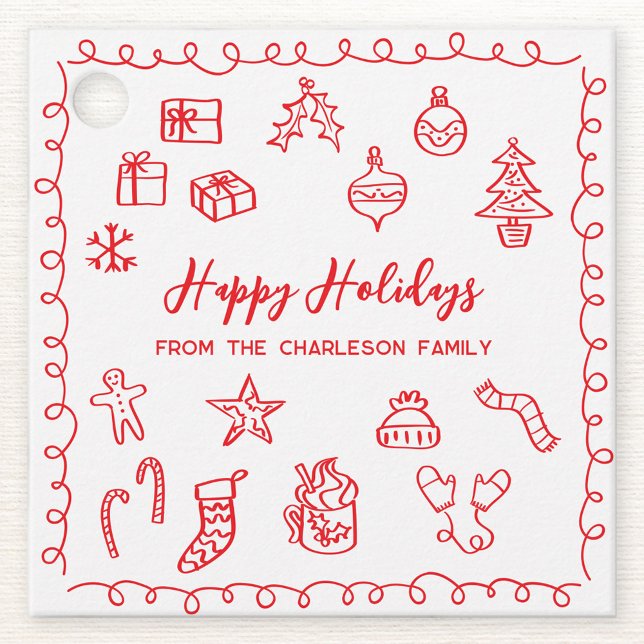 Etiqueta de presente vermelho de porta de ilustraç (Personalized red and white hand drawn scribble doodle Christmas holiday gift tag)