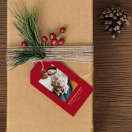 Etiqueta de presentes de fotos no feriado vermelho