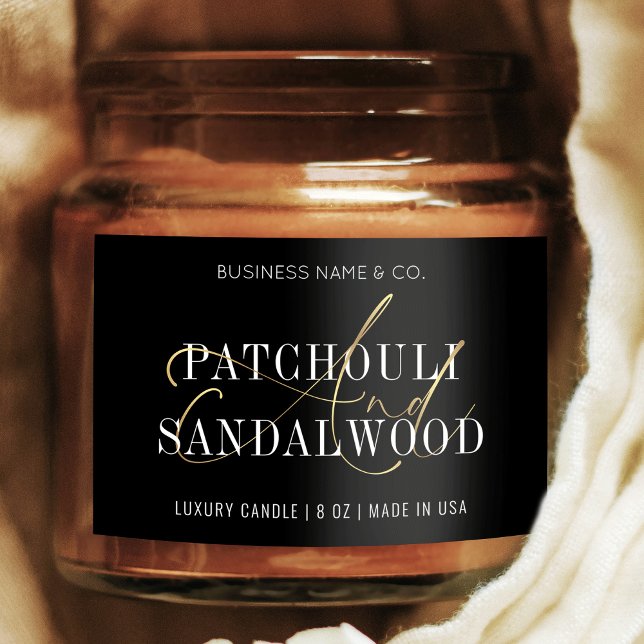 Etiqueta de produto Chic Black & Dourado Modern Ca (Modern black and gold candles label, featuring elegant calligraphy in faux gold and minimal design)