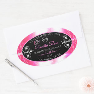 Etiqueta de produto rosa embaçada a preto com logo