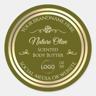 Etiqueta de produto verde-oliva com quadro e logot