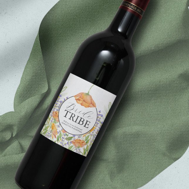 Etiqueta de Proposta Floral de Bridesmaid Watercol (Bridesmaid proposal gift custom wine label watercolor wildflower art by Victoria Grigaliunas.)