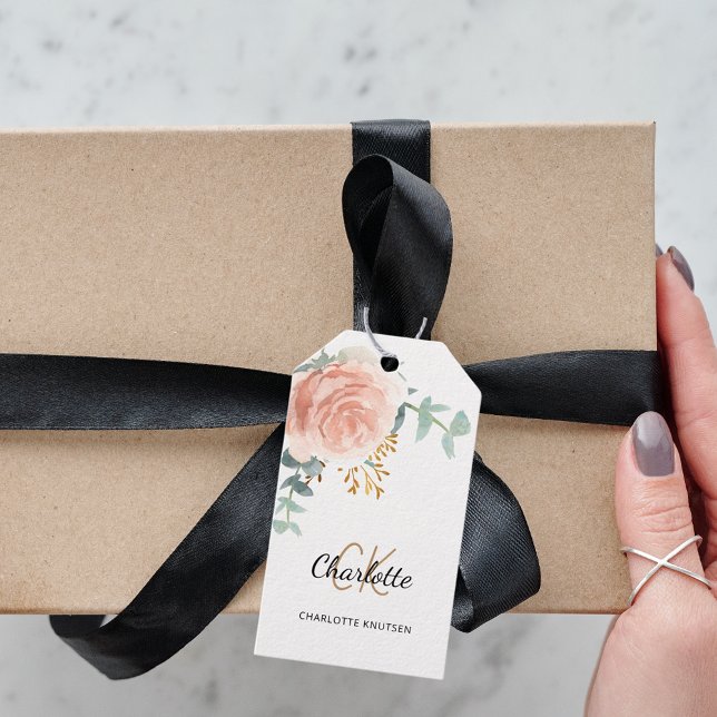 etiqueta de rosa dourado floral verde monograma co (Criador carregado)