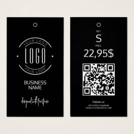 Etiqueta de roupa pendurada com código QR preto e