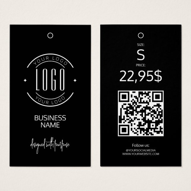 Etiqueta de roupa pendurada com código QR preto e  (Frente & Verso)