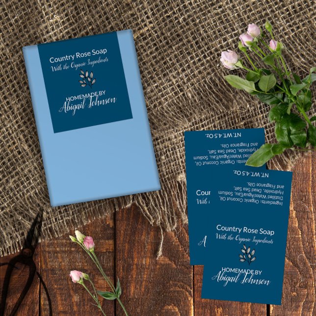 Etiqueta de Sabão Azul com Rosas e Folhas (Line Art Leaves Blue Homemade Soap Label 🧼 Customize On Screen Now 
)