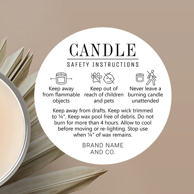 Etiqueta De Segurança Da Vela Com Ícones Branco Pr (Minimal candle safety stickers with care icons and fully editable text and colors)