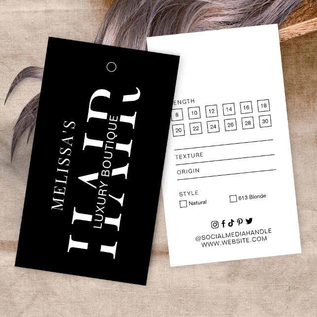 Etiqueta de suspensão mínima do tamanho das extens (Minimalist black & white hair extensions bundle hang tag label design with sizing & style info)