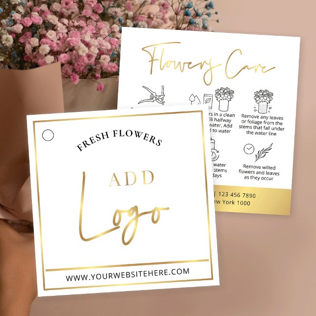 Etiqueta de travamento da guia de atendimento das  (Elegant white and gold flowers care instructions hang tags with  care icons and your logo)