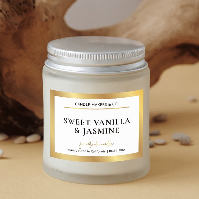 Etiqueta de Vela de Embalagem Dourada e Branca Mod (Trendy and chic gold foil effect rectangle candle labels)