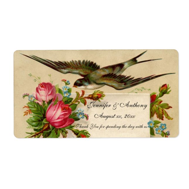 Etiqueta de Vinho de Casamento Bluebird e Rosas (Frente)